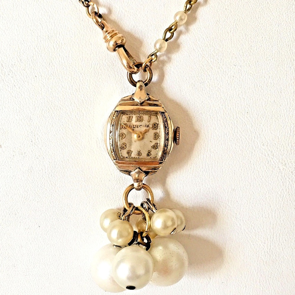 VTG Wedding Necklace Watch Pendant Gold Tone Chain‎ Pearl Steampunk Handmade 9